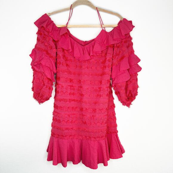 Alexis Calypso Ruffled Off Shoulder Rouge Coral Pink Embroidered Mini Dress XS - Picture 3 of 16